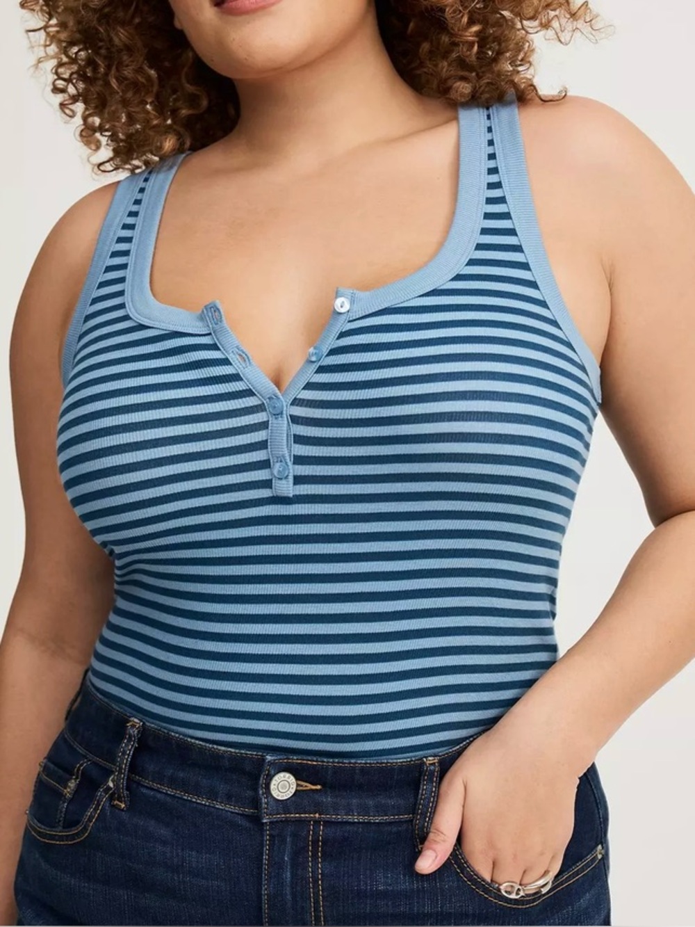 Torrid Blue Striped Scoop Neck Henley Tank Top